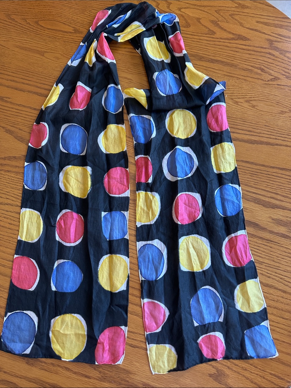 Vintage Silk Black Scarf with Blue, Yellow and Pink Polka Dots